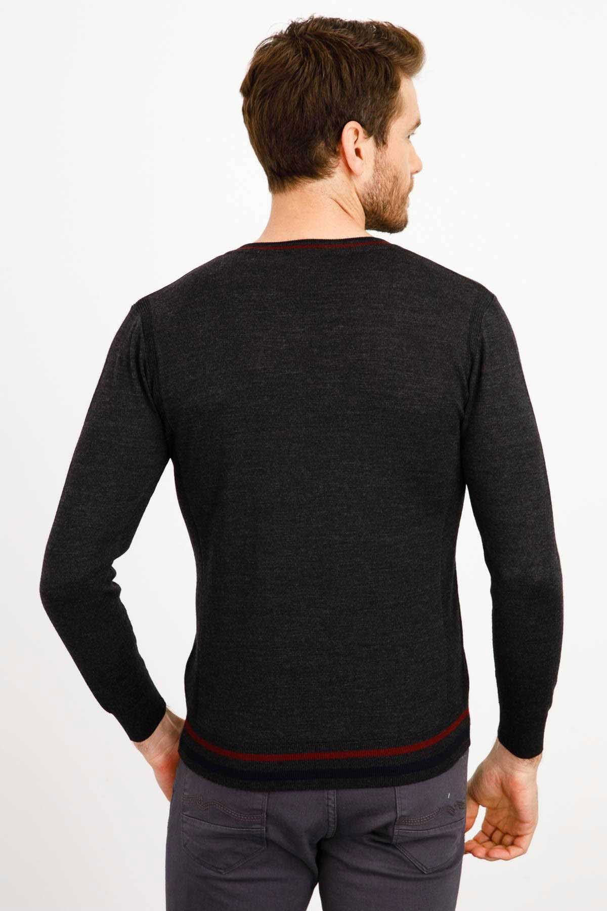 Desen Triko Erkek Yaka Kenarı Çizgili V Yaka Yün Kazak 02421613 K.Füme - 5