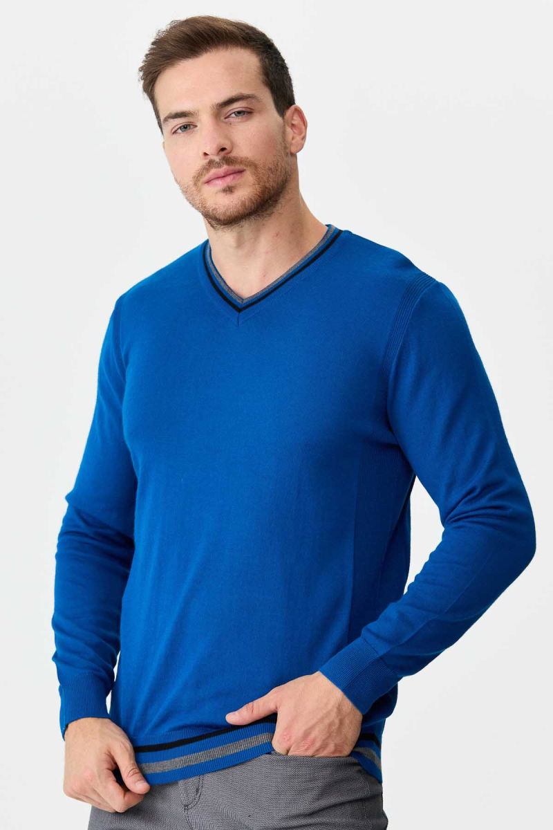 Desen Triko Erkek Yaka Kenarı Çizgili V Yaka Yün Kazak 02421613 Saks - 3