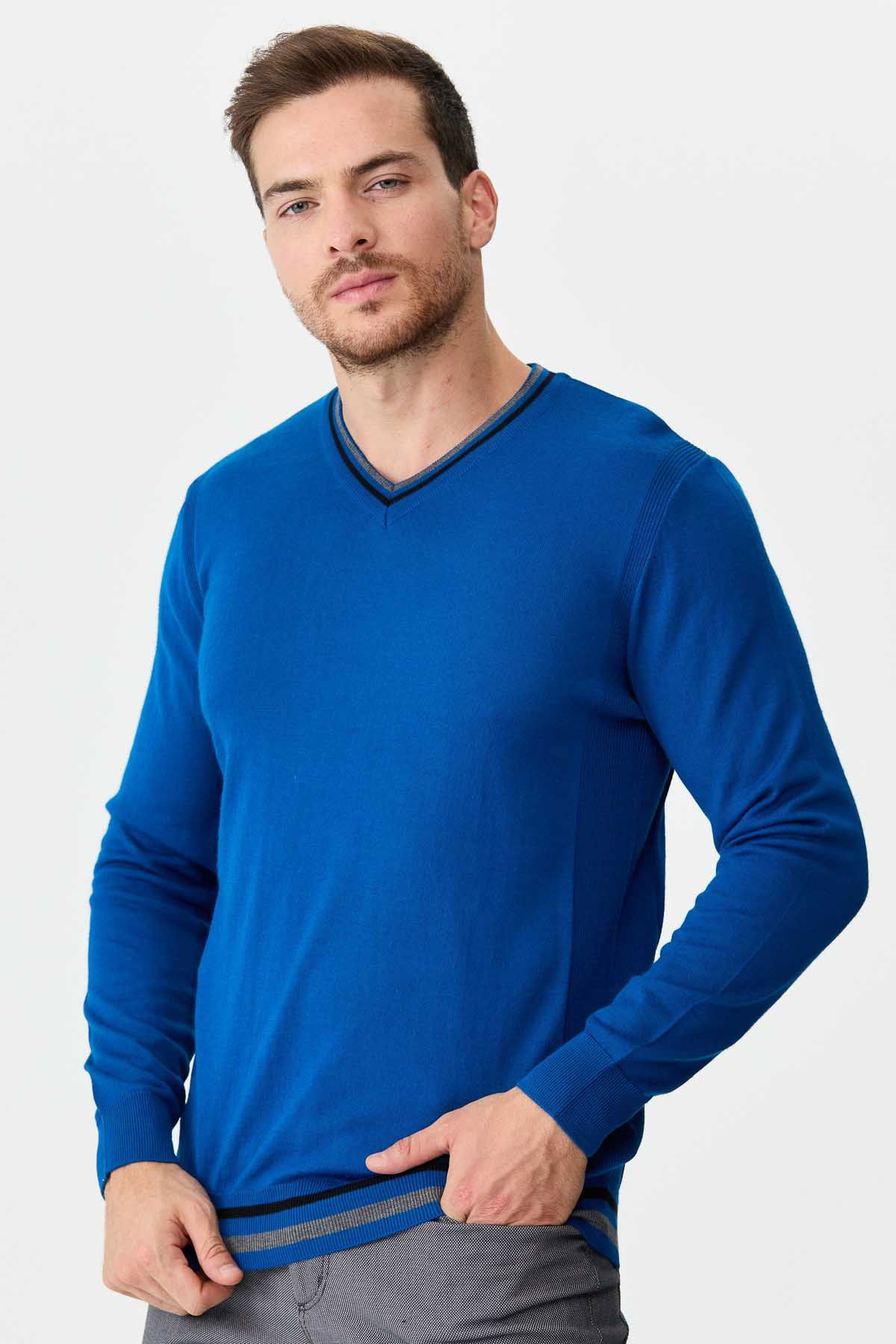 Desen Triko Erkek Yaka Kenarı Çizgili V Yaka Yün Kazak 02421613 Saks - 3