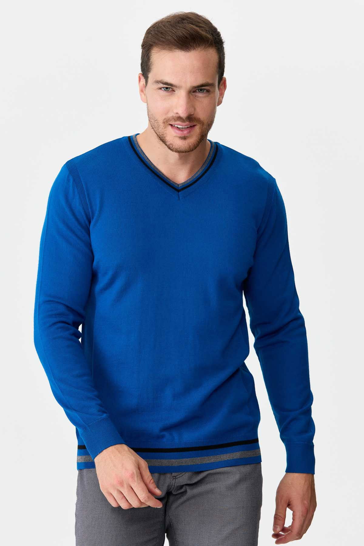 Desen Triko Erkek Yaka Kenarı Çizgili V Yaka Yün Kazak 02421613 Saks - 4