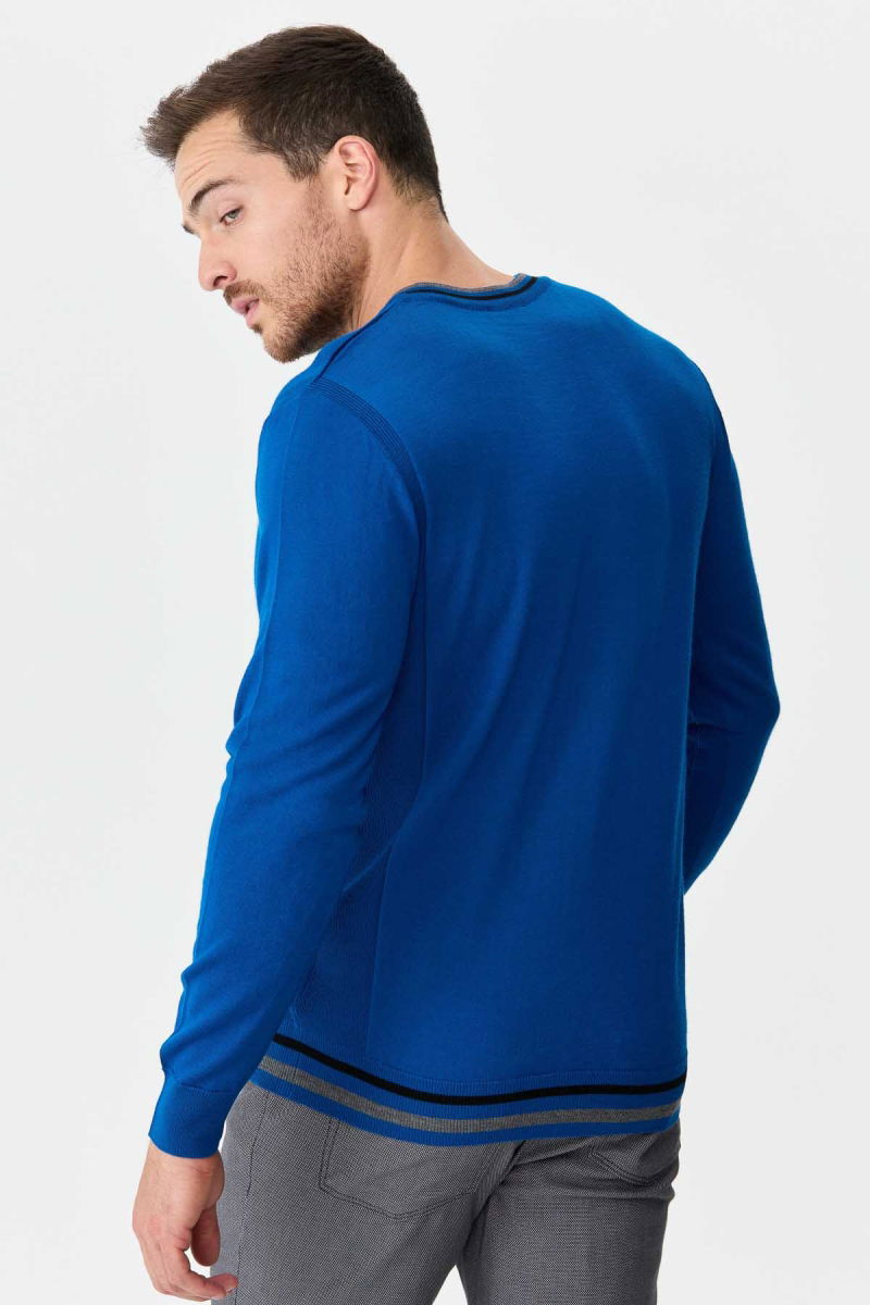 Desen Triko Erkek Yaka Kenarı Çizgili V Yaka Yün Kazak 02421613 Saks - 5