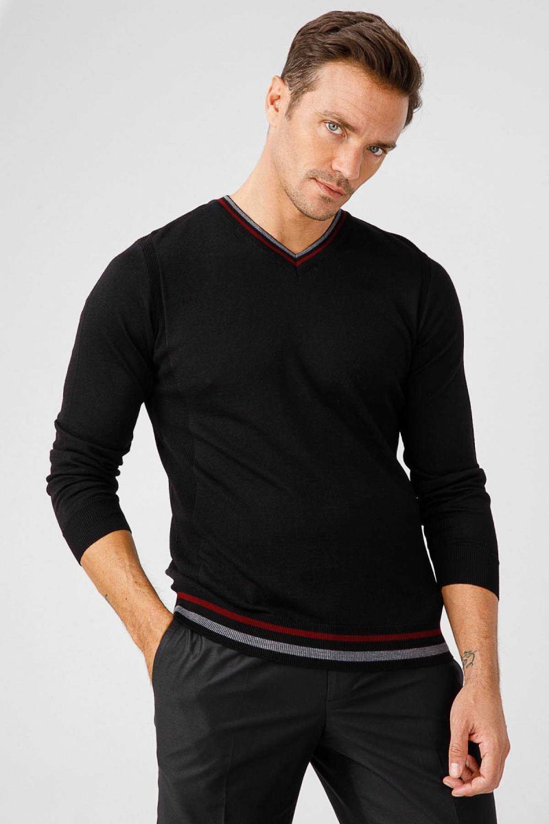 Desen Triko Erkek Yaka Kenarı Çizgili V Yaka Yün Kazak 02421613 Siyah 