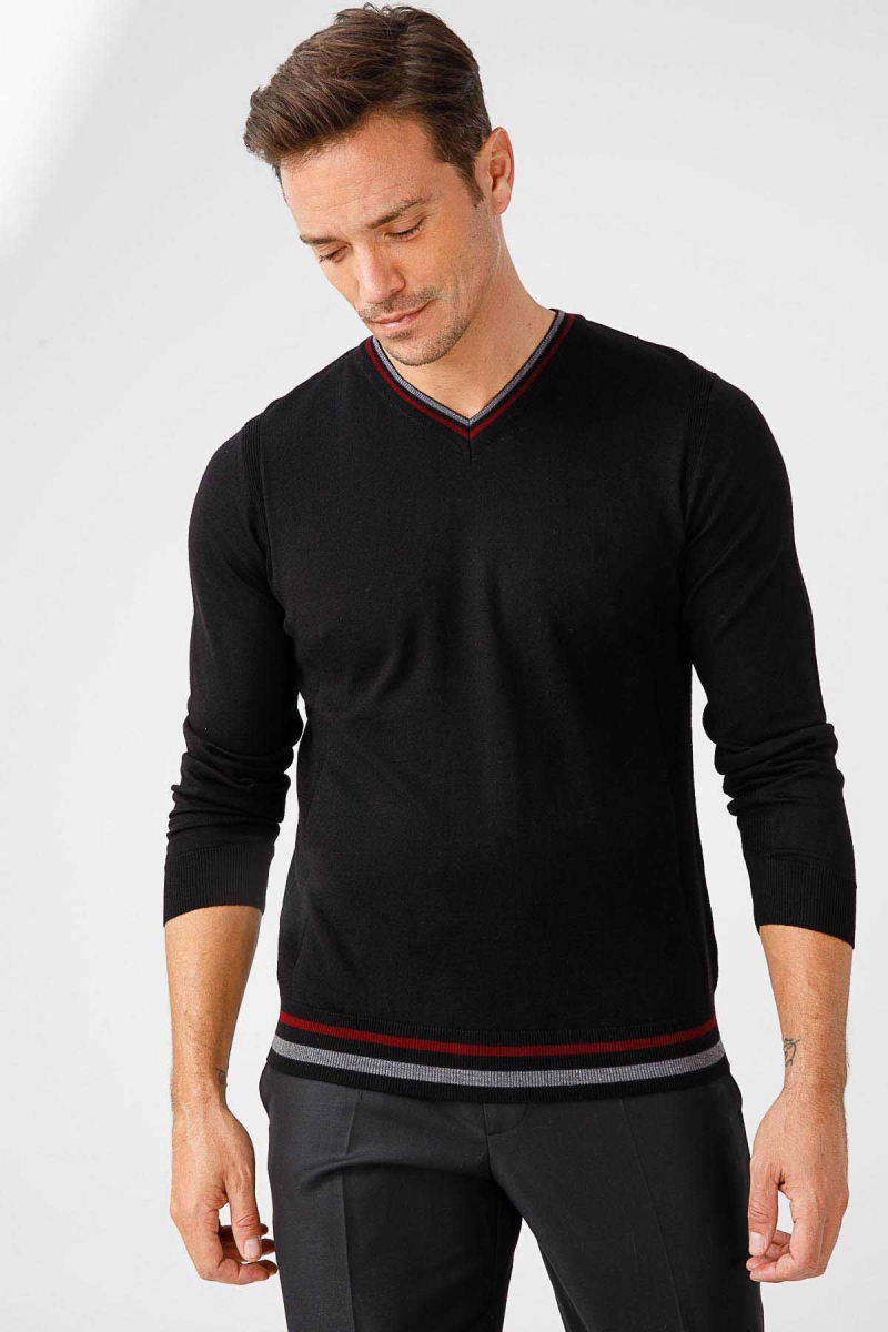 Desen Triko Erkek Yaka Kenarı Çizgili V Yaka Yün Kazak 02421613 Siyah - 2