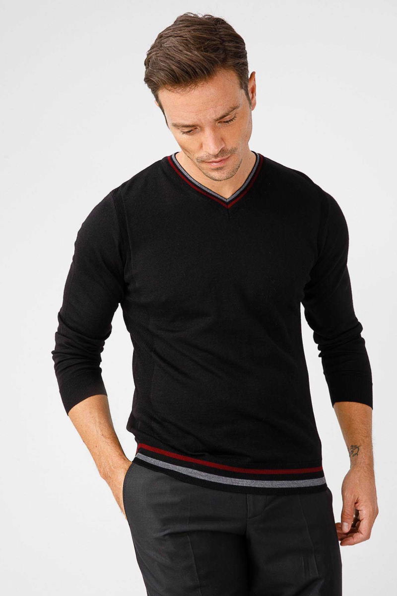 Desen Triko Erkek Yaka Kenarı Çizgili V Yaka Yün Kazak 02421613 Siyah - 3