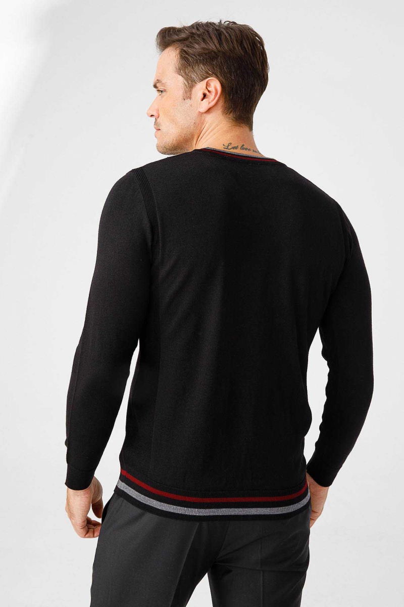 Desen Triko Erkek Yaka Kenarı Çizgili V Yaka Yün Kazak 02421613 Siyah - 5