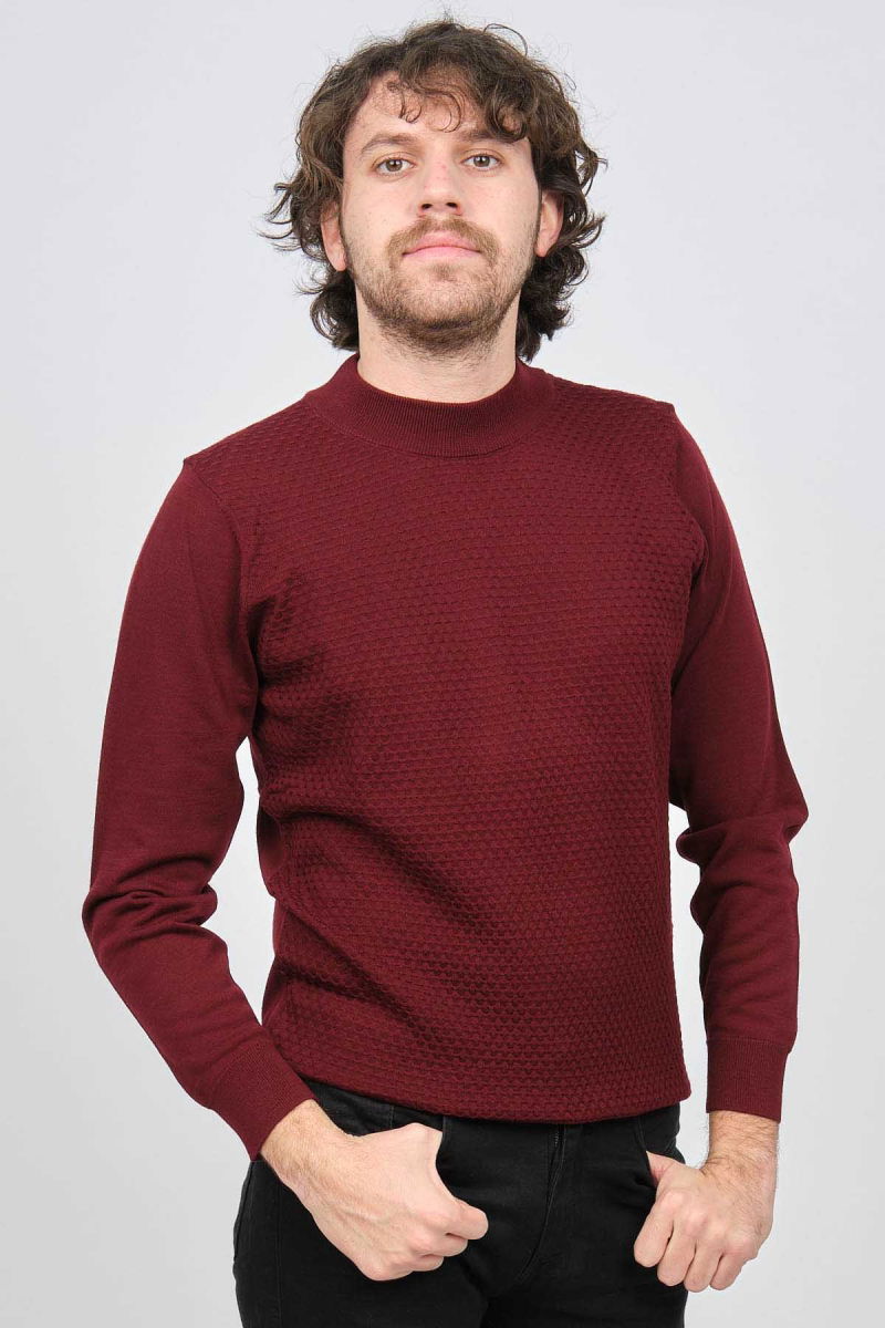 Desen Triko Erkek Yarım Balıkçı Desenli Yün Kazak 0249619 Bordo - Desen Triko