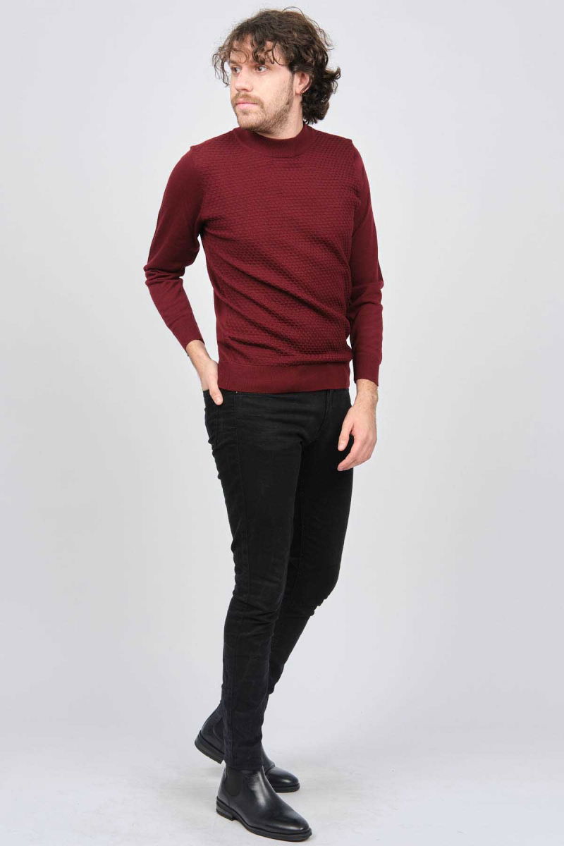 Desen Triko Erkek Yarım Balıkçı Desenli Yün Kazak 0249619 Bordo - 2