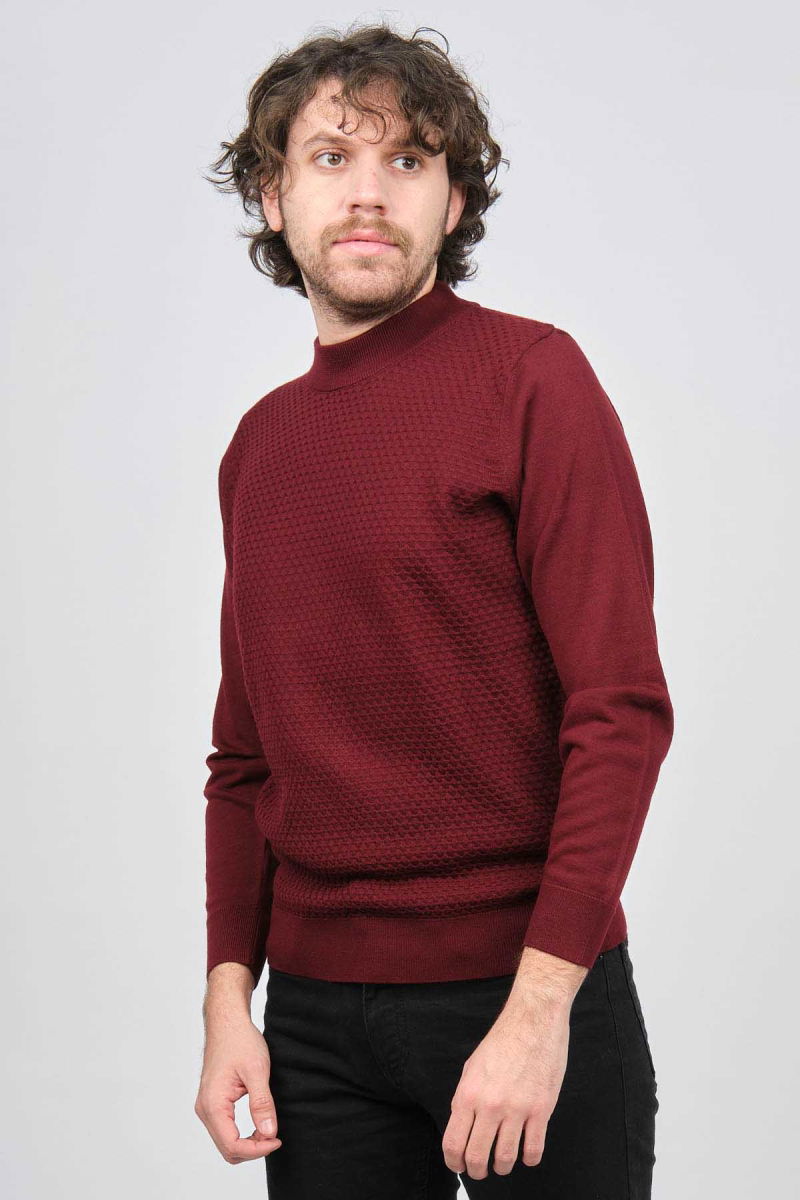 Desen Triko Erkek Yarım Balıkçı Desenli Yün Kazak 0249619 Bordo - 3