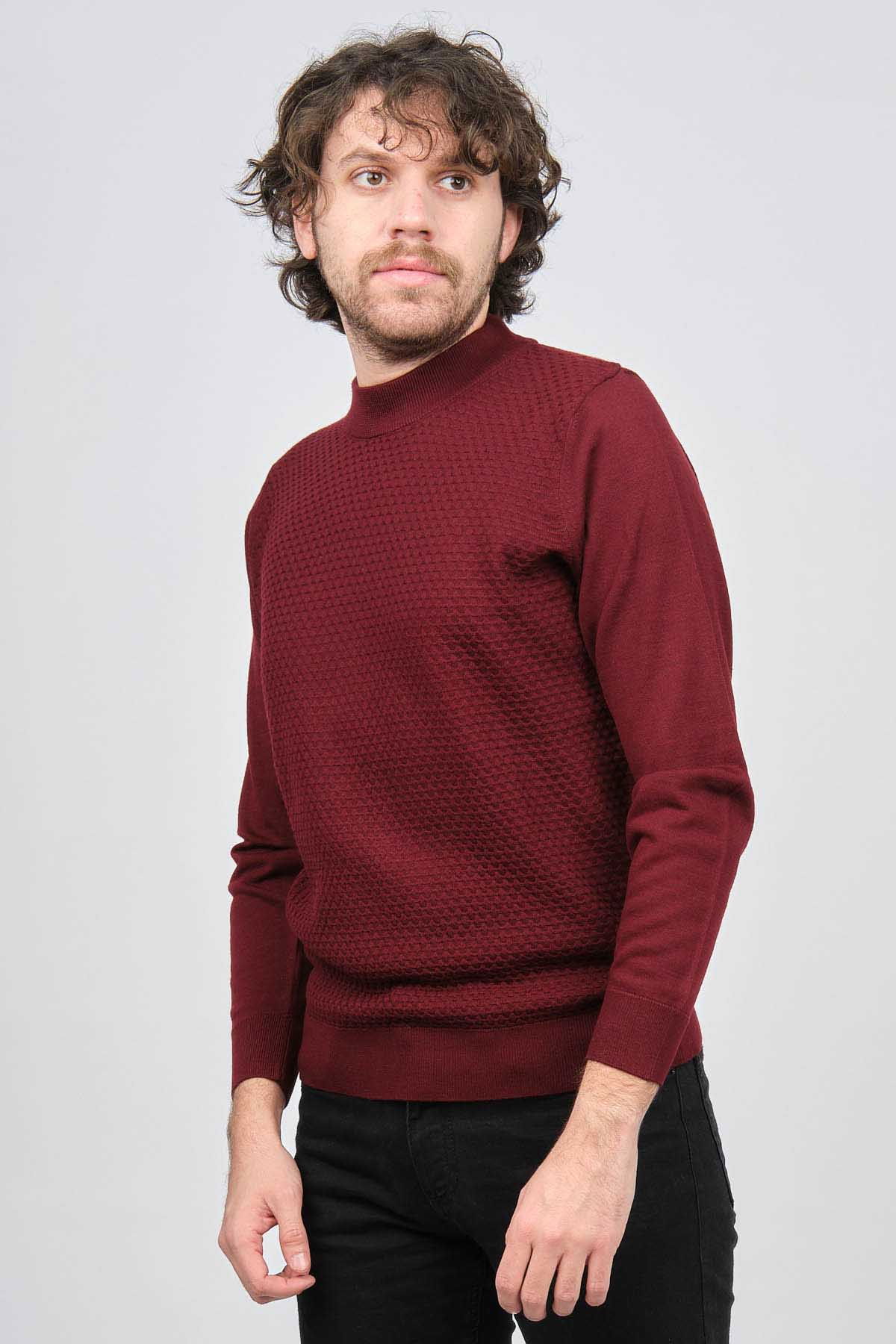 Desen Triko Erkek Yarım Balıkçı Desenli Yün Kazak 0249619 Bordo - 3