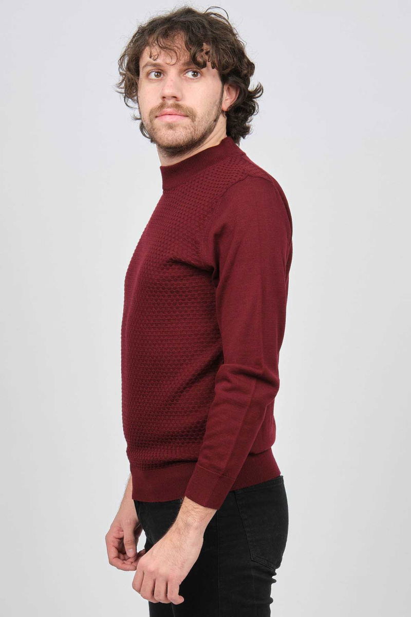 Desen Triko Erkek Yarım Balıkçı Desenli Yün Kazak 0249619 Bordo - 4