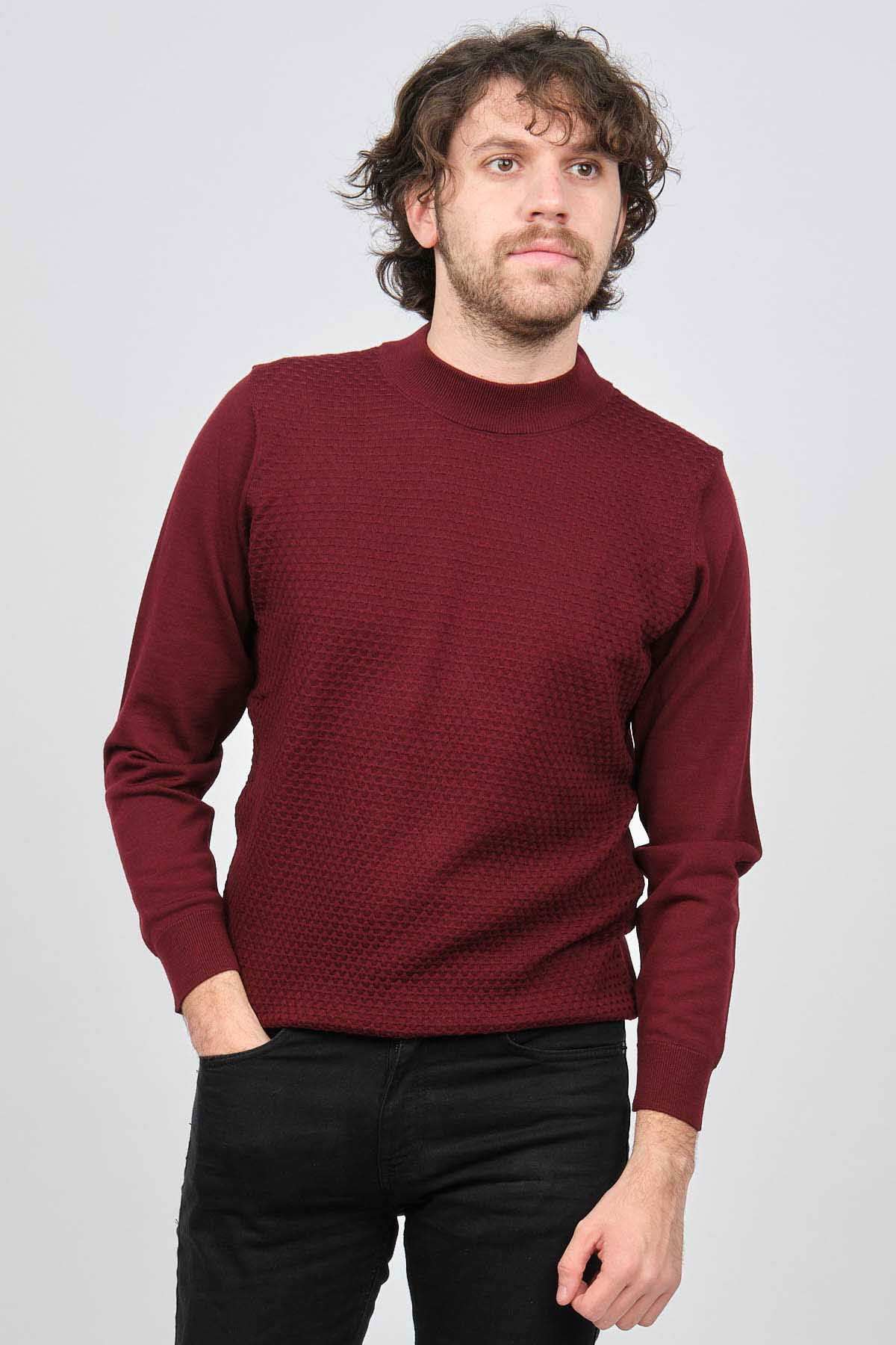 Desen Triko Erkek Yarım Balıkçı Desenli Yün Kazak 0249619 Bordo - 6