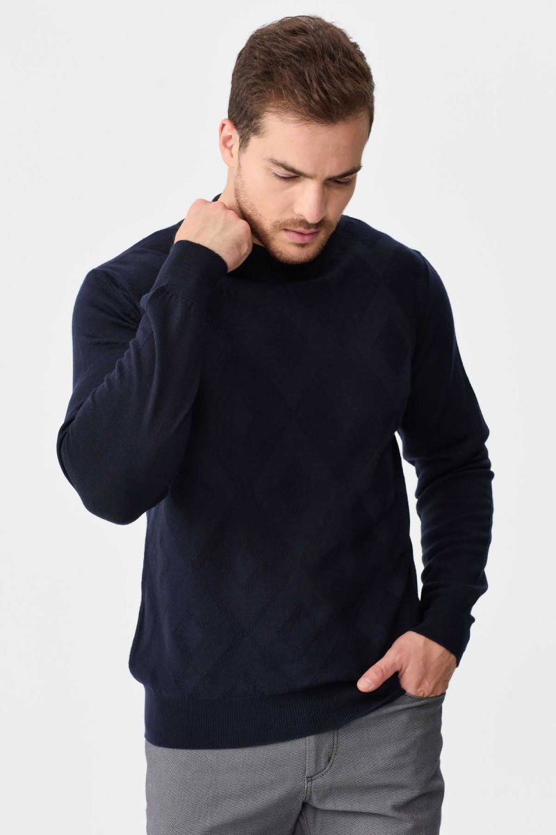 Desen Triko Erkek Yarım Balıkçı Yaka Baklava Desenli Yün Kazak 02422548 Lacivert - Desen Triko