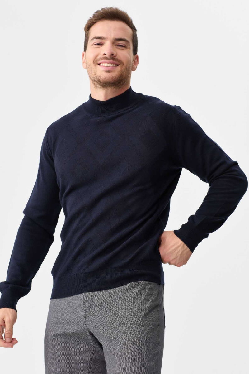 Desen Triko Erkek Yarım Balıkçı Yaka Baklava Desenli Yün Kazak 02422548 Lacivert - 2