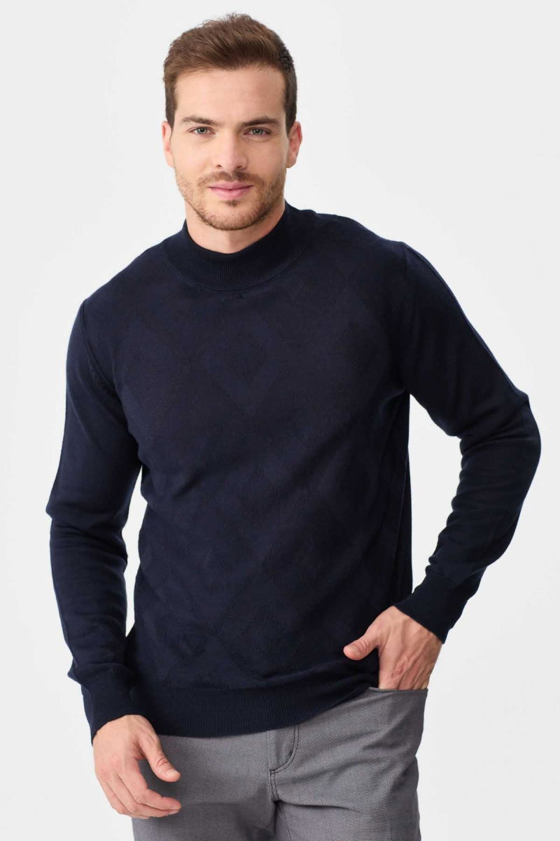 Desen Triko Erkek Yarım Balıkçı Yaka Baklava Desenli Yün Kazak 02422548 Lacivert - 3