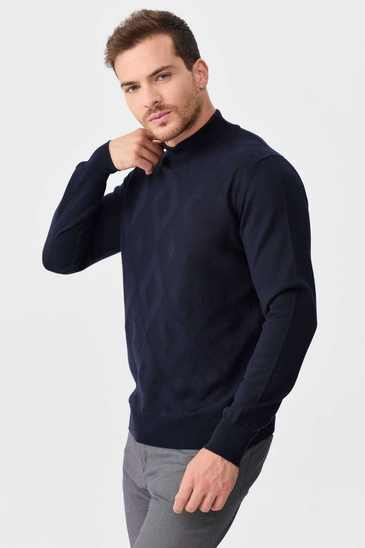 Desen Triko Erkek Yarım Balıkçı Yaka Baklava Desenli Yün Kazak 02422548 Lacivert - 4