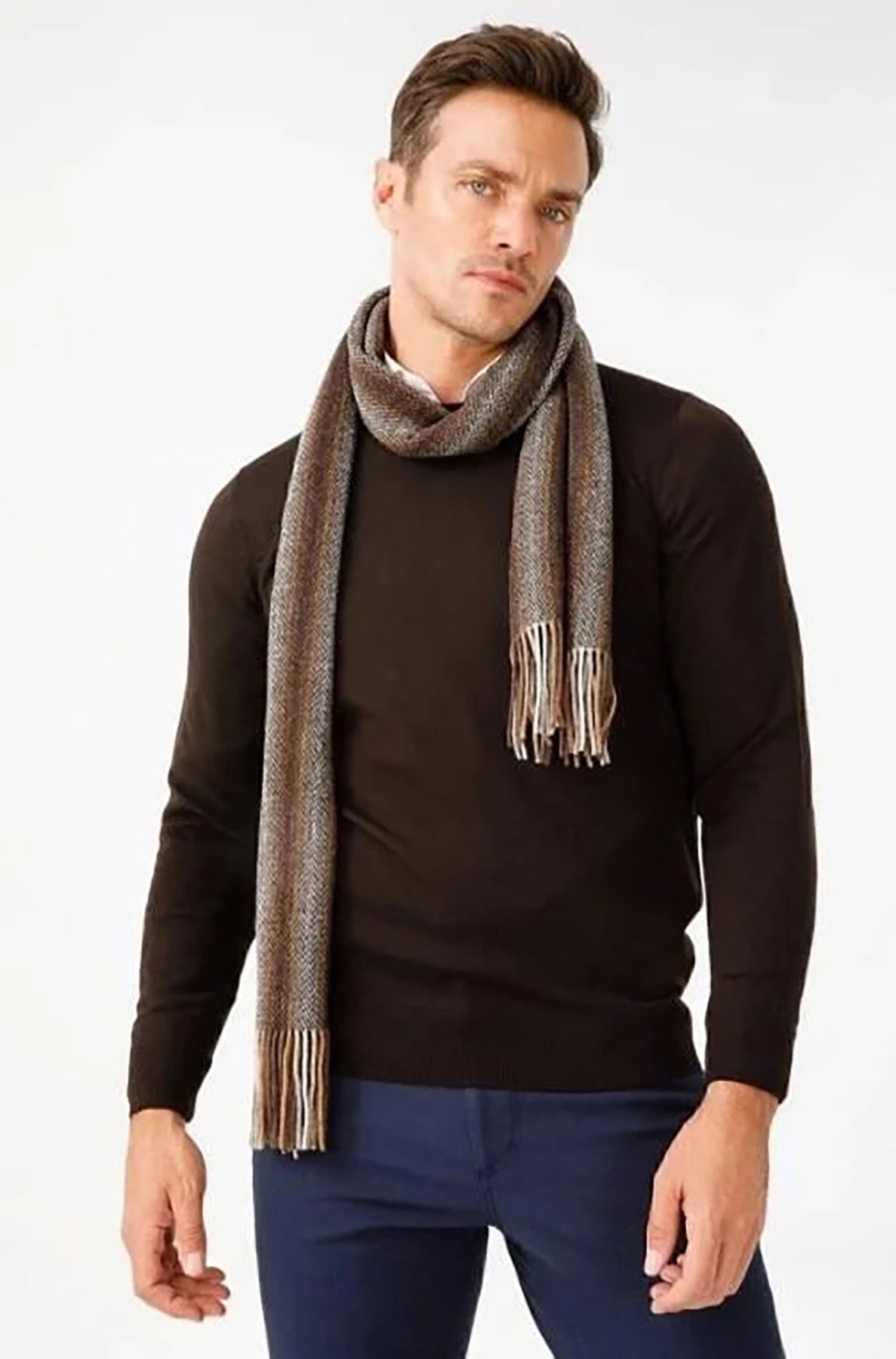 Desen Triko Erkek Yün Kaşkol 21526 Koyu Kahve - 1