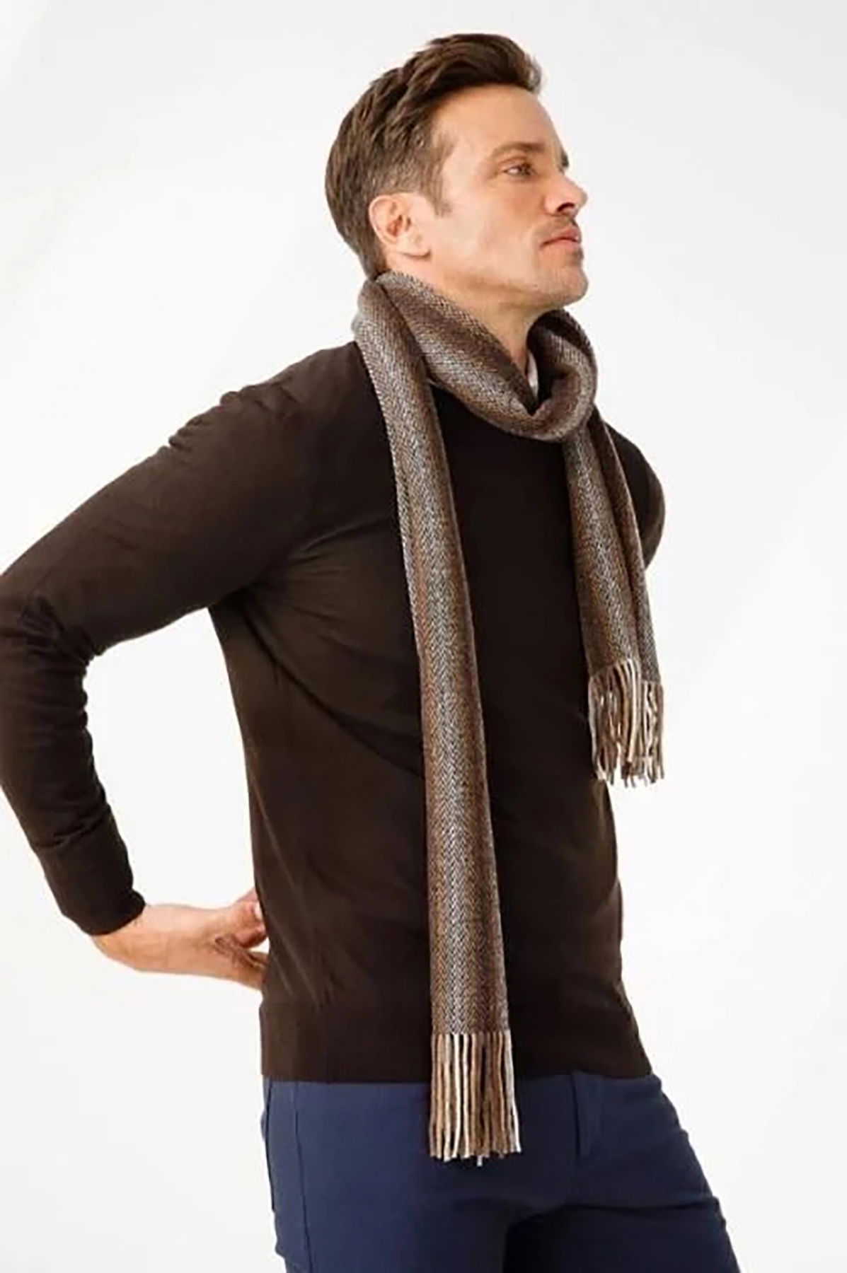 Desen Triko Erkek Yün Kaşkol 21526 Koyu Kahve - 2