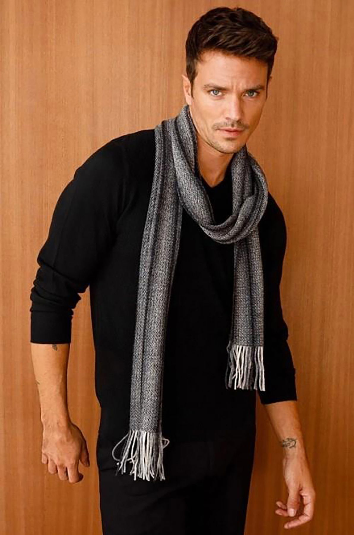 Desen Triko Erkek Yün Kaşkol 21526 Siyah - 2