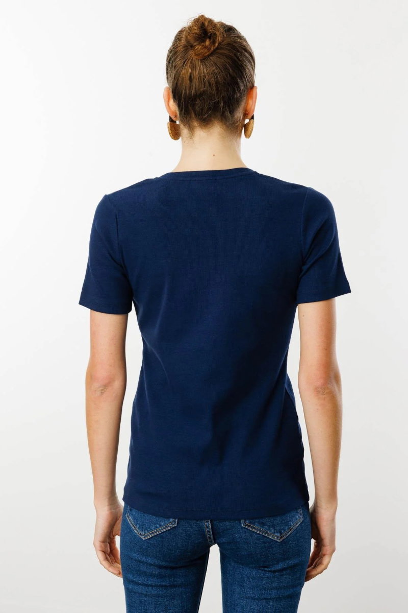Desen Triko Kadın Açma Yaka Boncuk İşlemeli T-Shirt 24754 Lacivert - 4