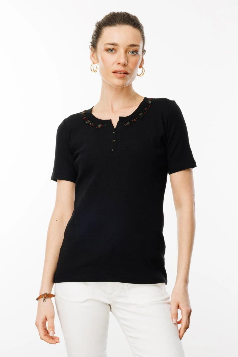 Desen Triko Kadın Açma Yaka Boncuk İşlemeli T-Shirt 24754 Siyah - 1