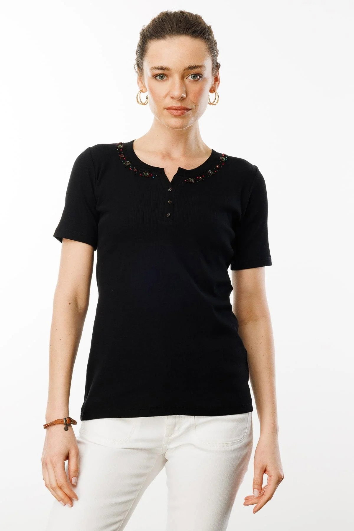 Desen Triko Kadın Açma Yaka Boncuk İşlemeli T-Shirt 24754 Siyah - 3