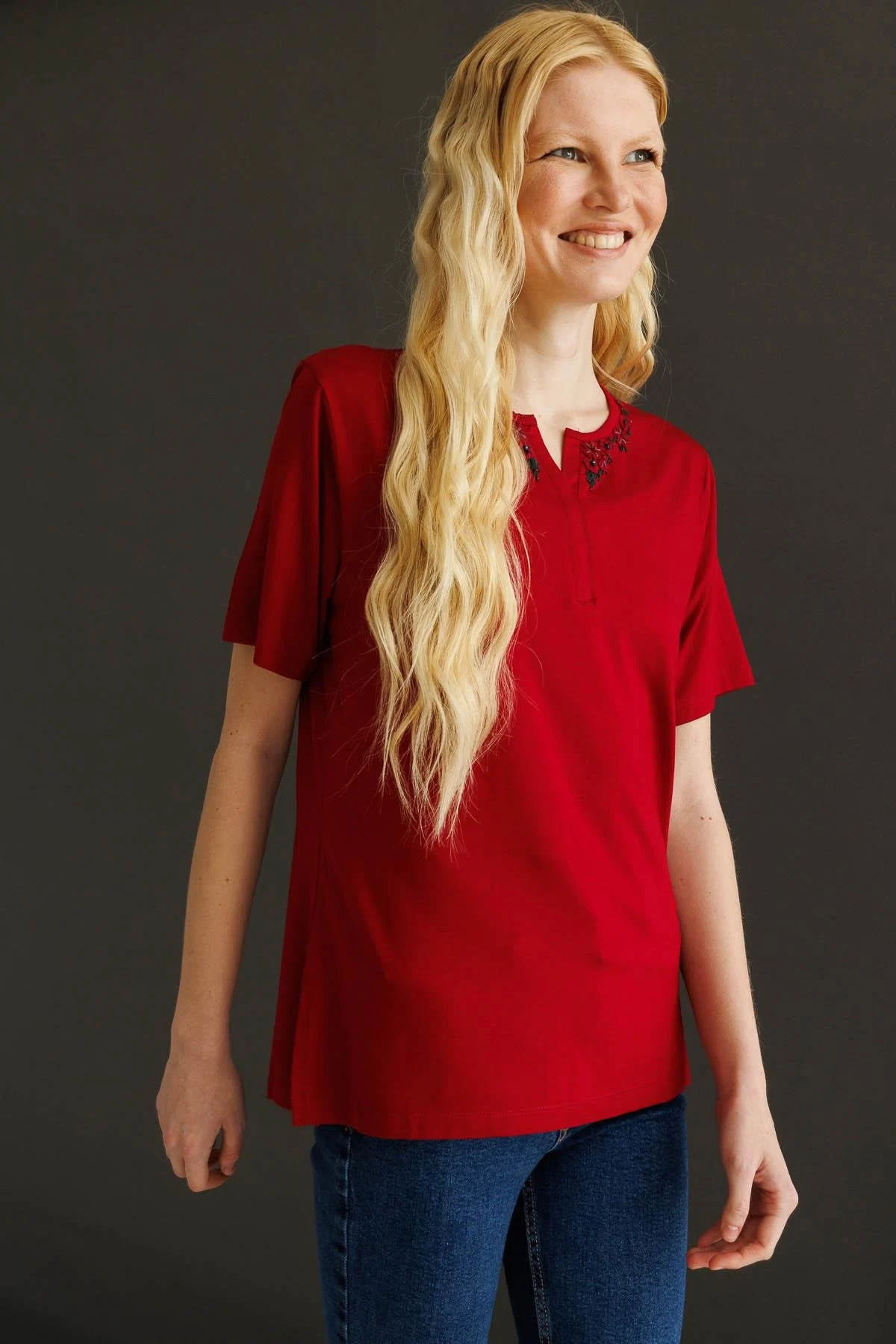 Desen Triko Kadın Açma Yaka Dantel Çiçek İşlemeli Penye T-Shirt 24751 Bordo - 3