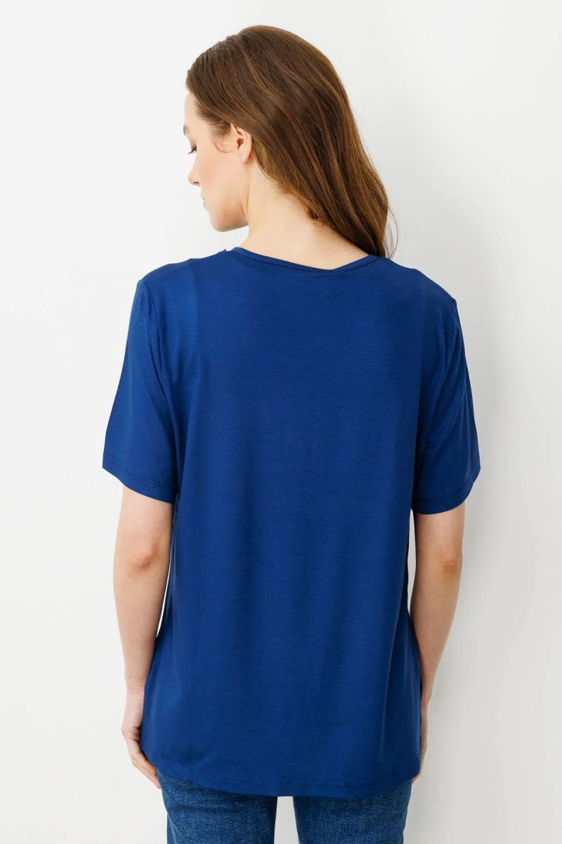 Desen Triko Kadın Açma Yaka Dantel Çiçek İşlemeli Penye T-Shirt 24751 Indigo - 4