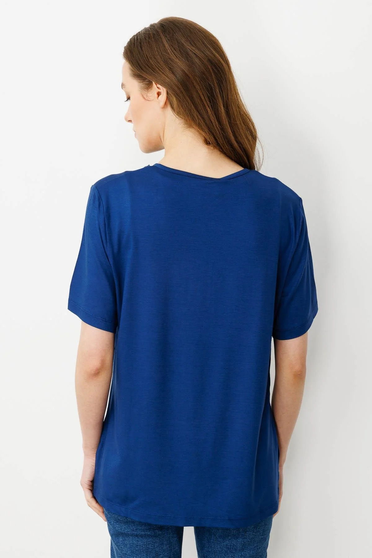 Desen Triko Kadın Açma Yaka Dantel Çiçek İşlemeli Penye T-Shirt 24751 Indigo - 4