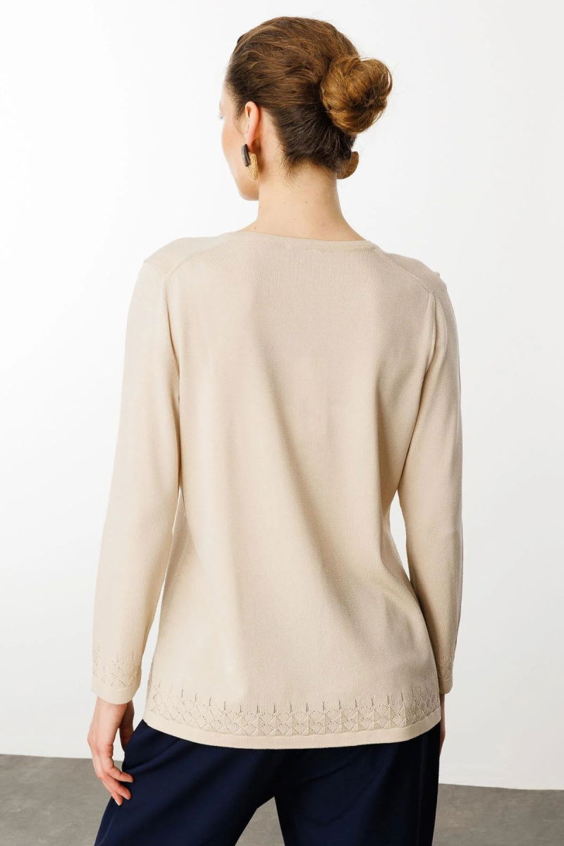 Desen Triko Kadın Açma Yaka Düğmeli Triko Bluz 25358 Bej - 4