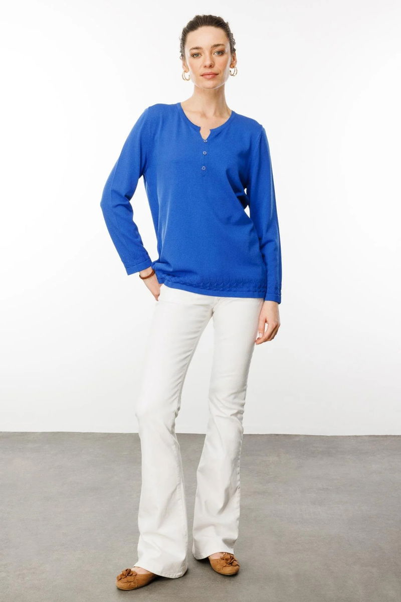 Desen Triko Kadın Açma Yaka Düğmeli Triko Bluz 25358 Saks - 2