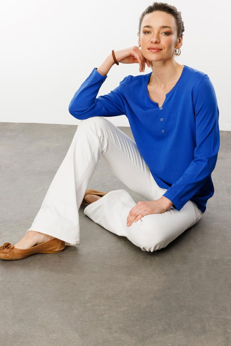 Desen Triko Kadın Açma Yaka Düğmeli Triko Bluz 25358 Saks - 3