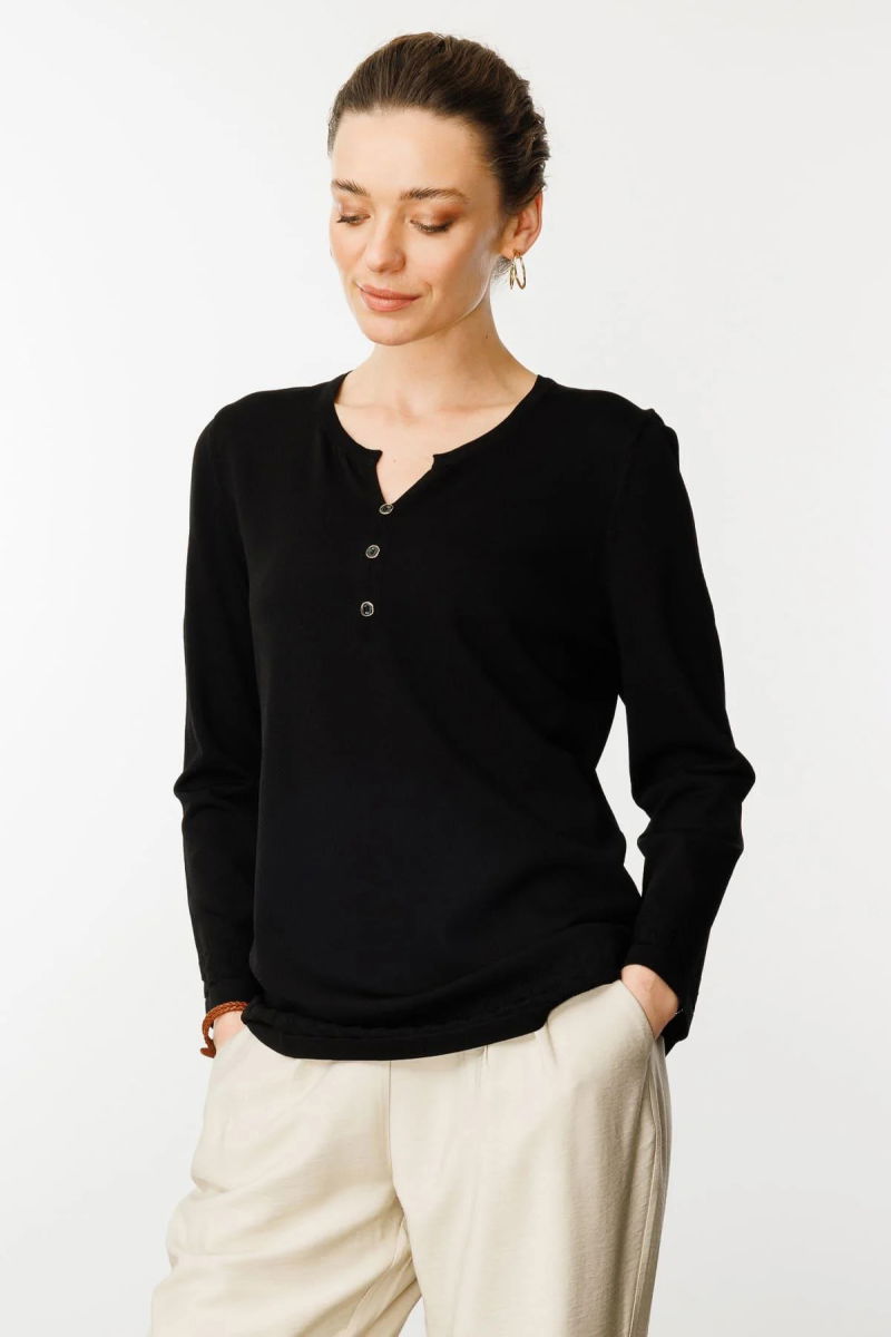 Desen Triko Kadın Açma Yaka Düğmeli Triko Bluz 25358 Siyah - Desen Triko