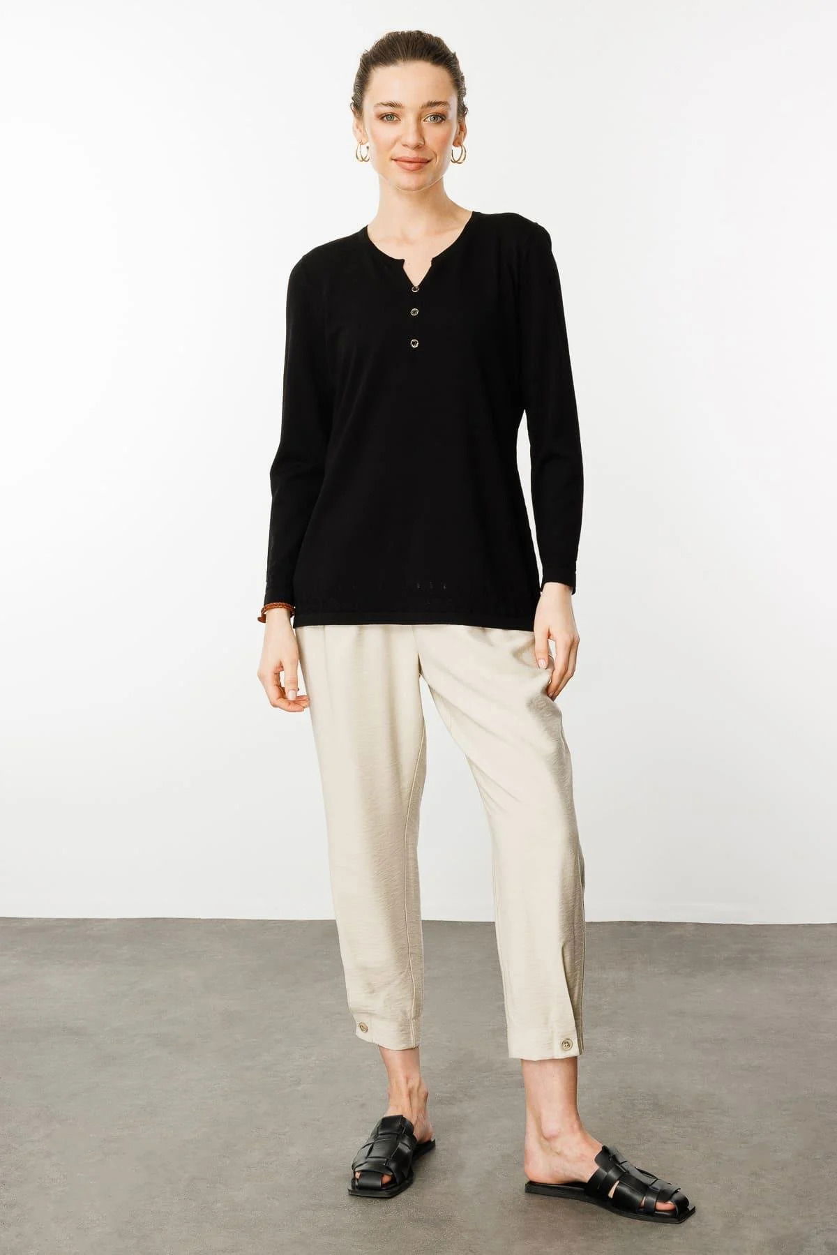 Desen Triko Kadın Açma Yaka Düğmeli Triko Bluz 25358 Siyah - 2