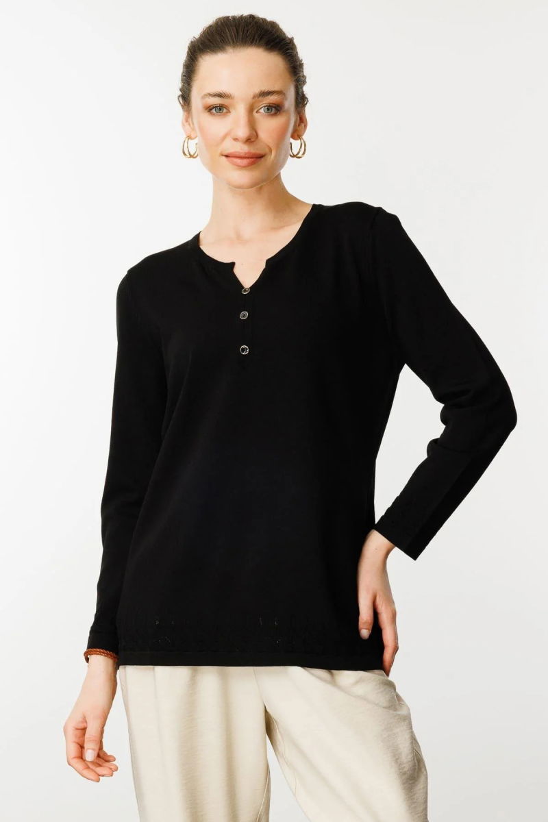 Desen Triko Kadın Açma Yaka Düğmeli Triko Bluz 25358 Siyah - 3