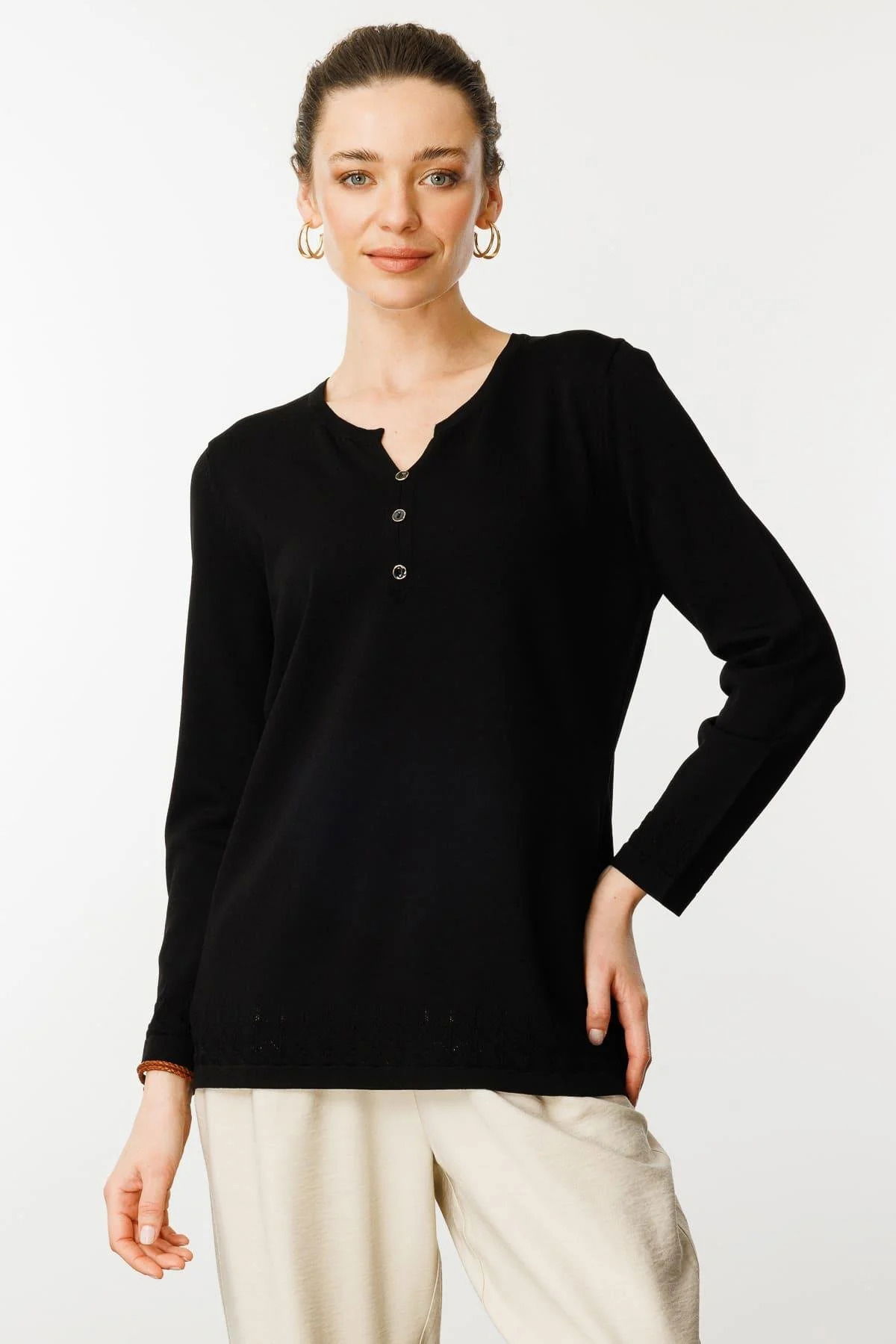 Desen Triko Kadın Açma Yaka Düğmeli Triko Bluz 25358 Siyah - 3