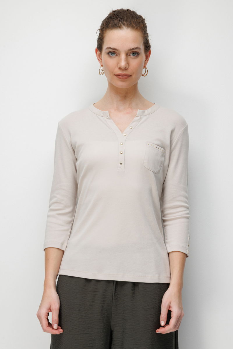 Desen Triko Kadın Açma Yaka Kol Ucu Metal Düğmeli Pamuklu Penye Bluz 26805 Bej - 2