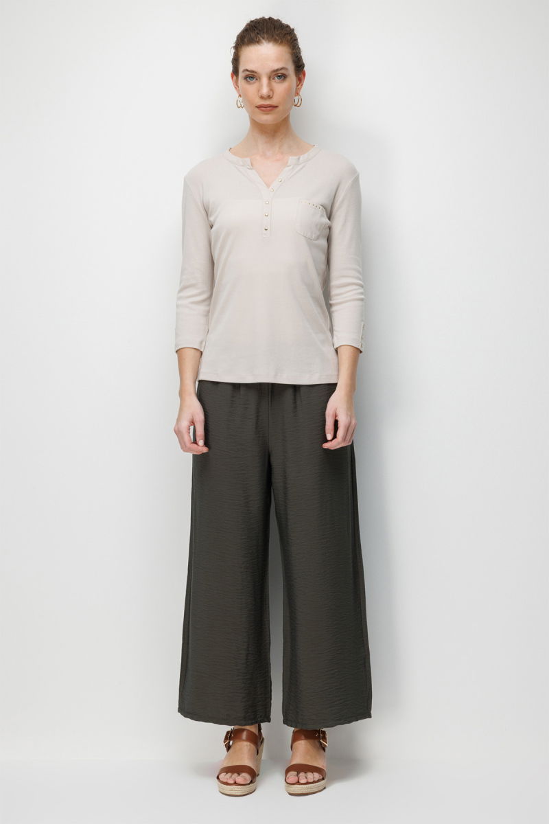 Desen Triko Kadın Açma Yaka Kol Ucu Metal Düğmeli Pamuklu Penye Bluz 26805 Bej - 3