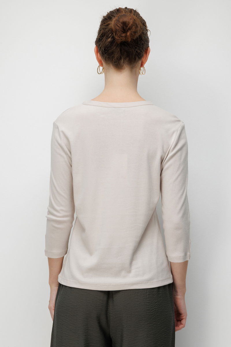 Desen Triko Kadın Açma Yaka Kol Ucu Metal Düğmeli Pamuklu Penye Bluz 26805 Bej - 4