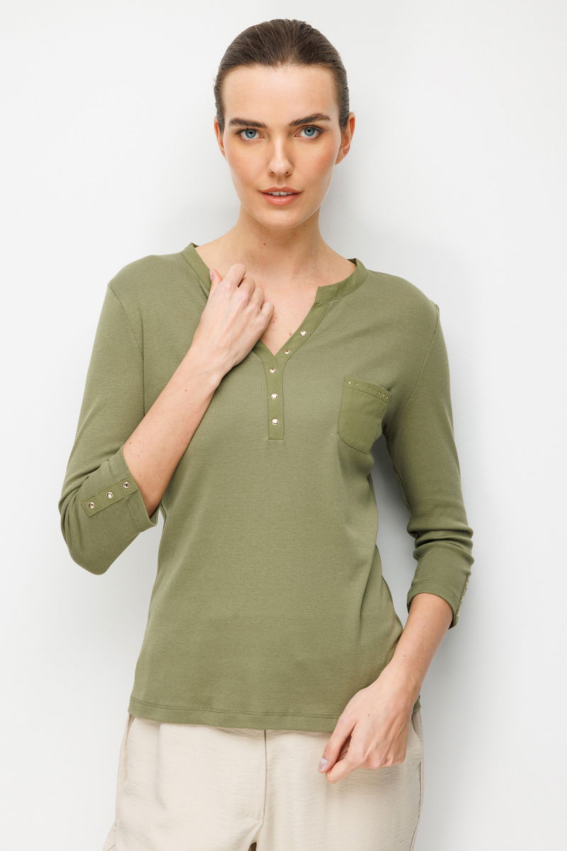 Desen Triko Kadın Açma Yaka Kol Ucu Metal Düğmeli Pamuklu Penye Bluz 26805 Haki - Desen Triko