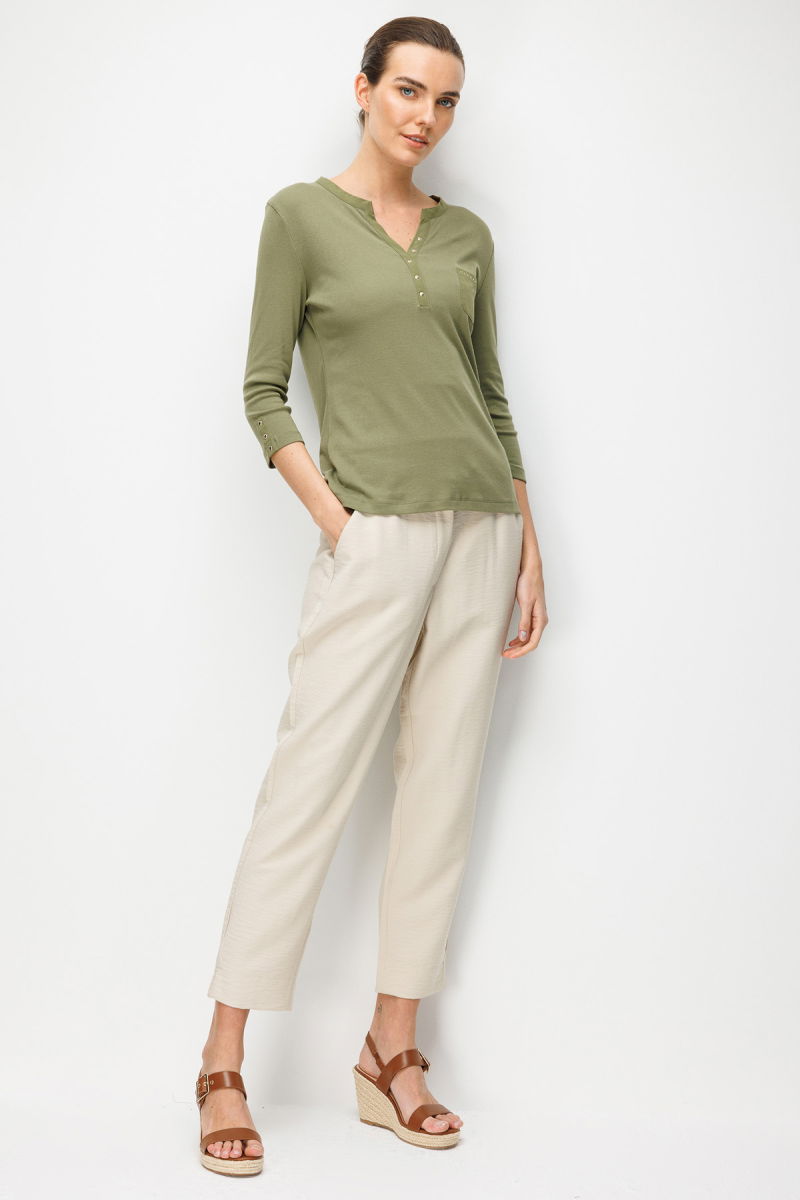 Desen Triko Kadın Açma Yaka Kol Ucu Metal Düğmeli Pamuklu Penye Bluz 26805 Haki - 3