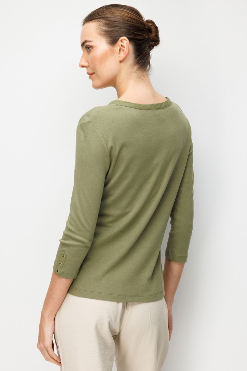 Desen Triko Kadın Açma Yaka Kol Ucu Metal Düğmeli Pamuklu Penye Bluz 26805 Haki - 4