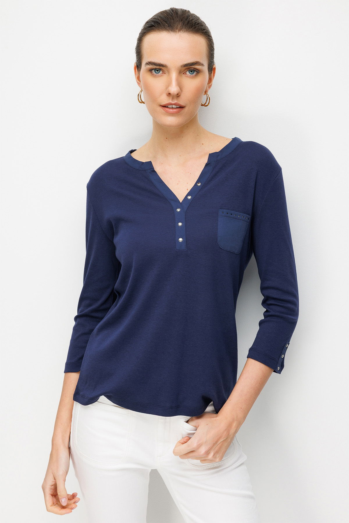 Desen Triko Kadın Açma Yaka Kol Ucu Metal Düğmeli Pamuklu Penye Bluz 26805 Lacivert - 1