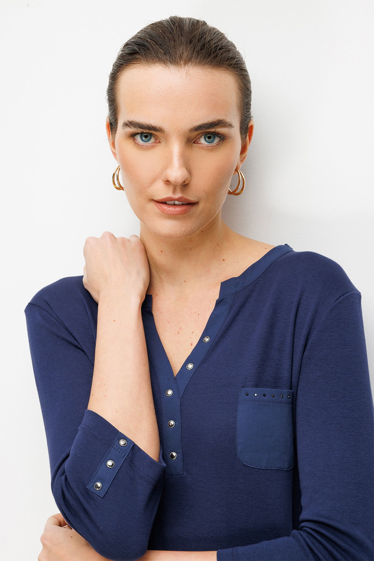 Desen Triko Kadın Açma Yaka Kol Ucu Metal Düğmeli Pamuklu Penye Bluz 26805 Lacivert - 2