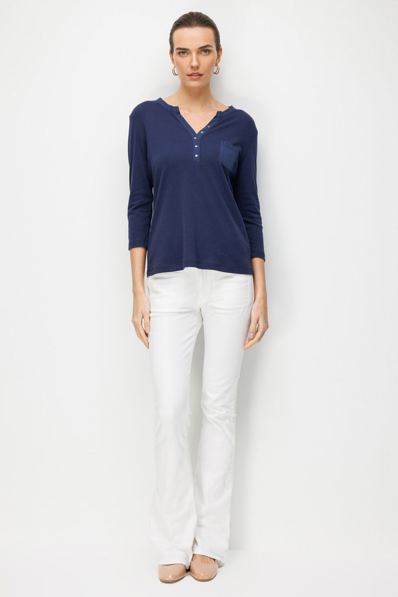 Desen Triko Kadın Açma Yaka Kol Ucu Metal Düğmeli Pamuklu Penye Bluz 26805 Lacivert - 3