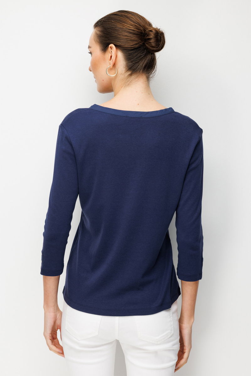 Desen Triko Kadın Açma Yaka Kol Ucu Metal Düğmeli Pamuklu Penye Bluz 26805 Lacivert - 4