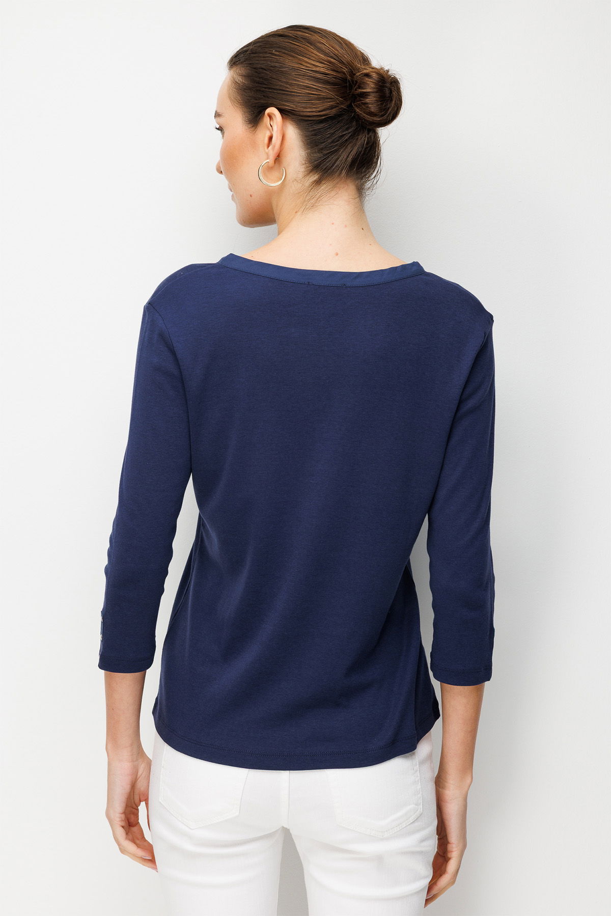 Desen Triko Kadın Açma Yaka Kol Ucu Metal Düğmeli Pamuklu Penye Bluz 26805 Lacivert - 4