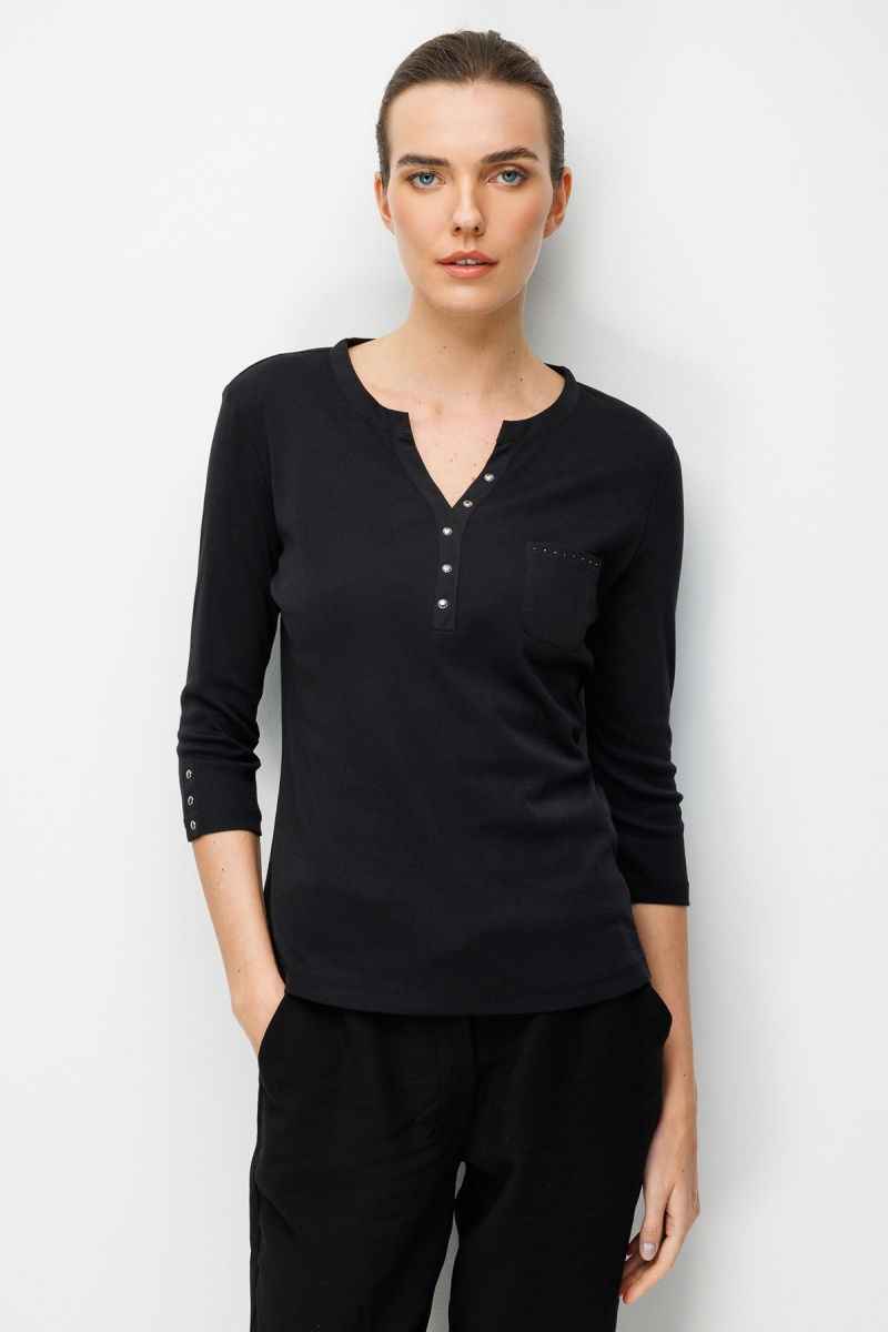 Desen Triko Kadın Açma Yaka Kol Ucu Metal Düğmeli Pamuklu Penye Bluz 26805 Siyah - 2