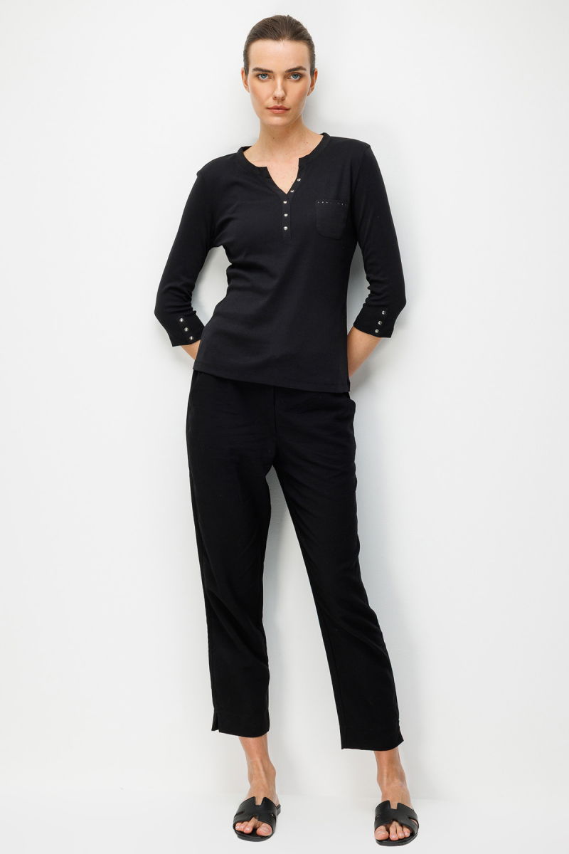 Desen Triko Kadın Açma Yaka Kol Ucu Metal Düğmeli Pamuklu Penye Bluz 26805 Siyah - 3