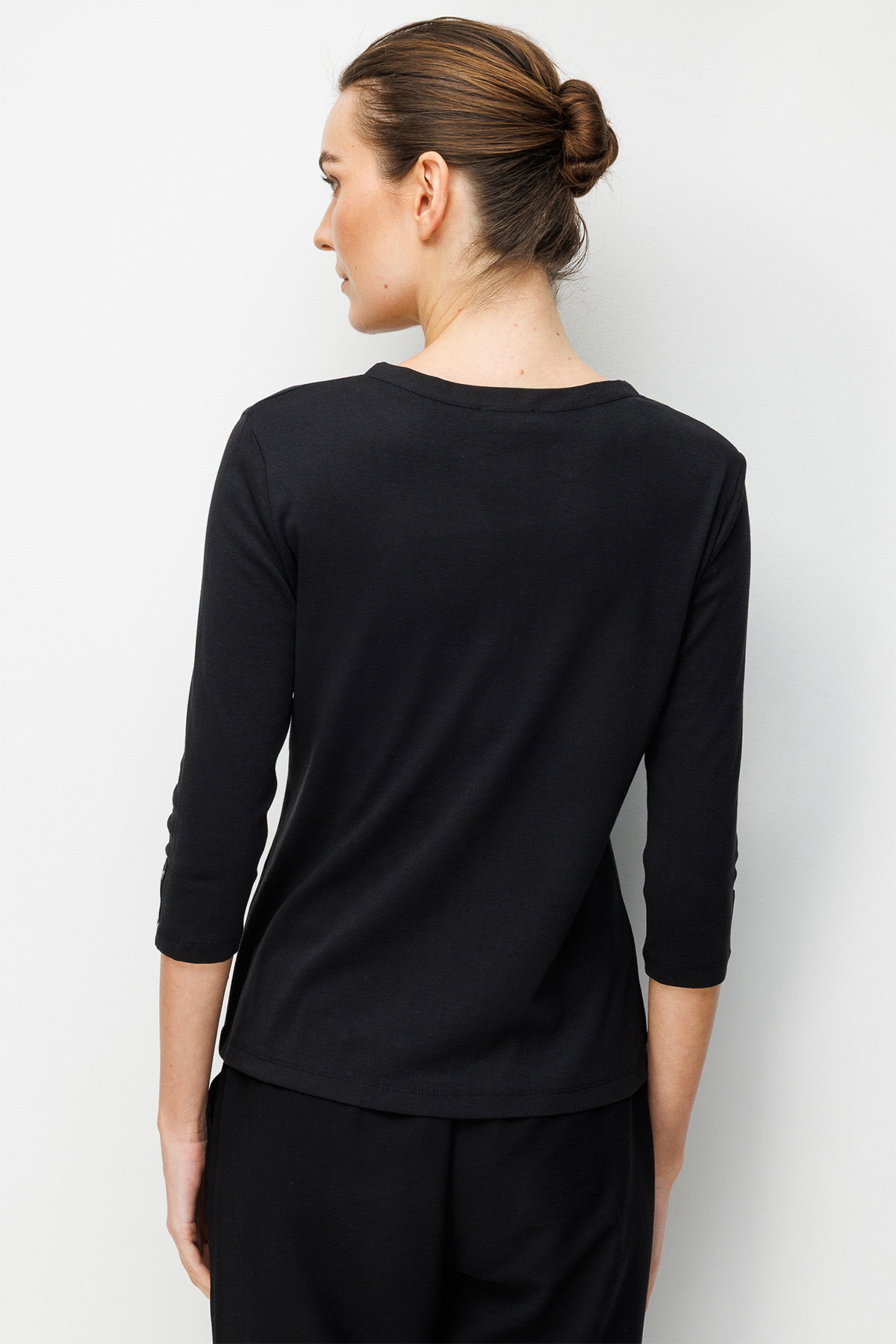 Desen Triko Kadın Açma Yaka Kol Ucu Metal Düğmeli Pamuklu Penye Bluz 26805 Siyah - 4