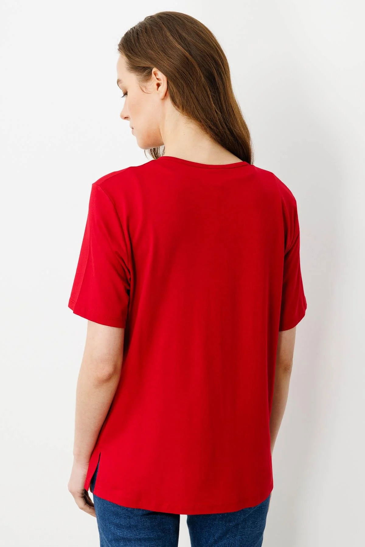 Desen Triko Kadın Açma Yaka Nakış İşlemeli T-Shirt 25703 Kırmızı - 4